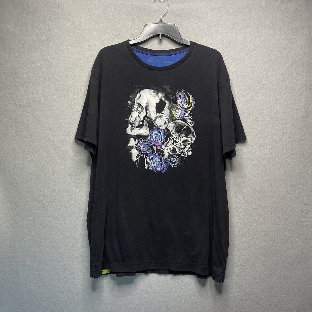 Robert Graham Mens 2XL Black Graphic Tee With Skulls & Roses Print